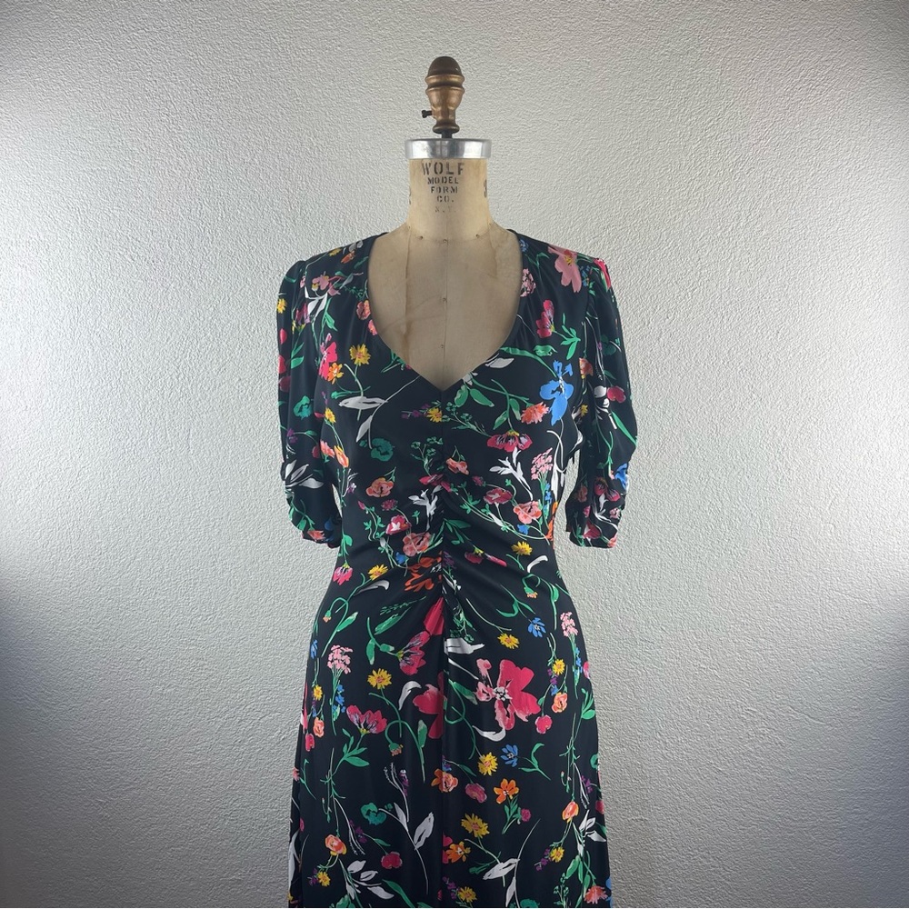 A New Day l XS Retro Colorful Floral Puff Sleeve Ruched A-Line Rayon Maxi Dress